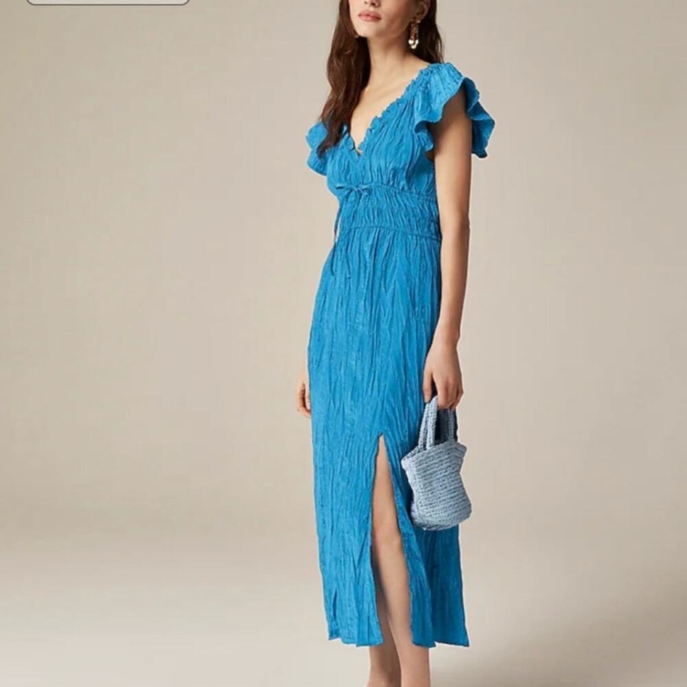 J Crew Palermo Viscose Blend Crinkle Sea Blue Travel Midi Dress Size LP NWT - Picture 3 of 16